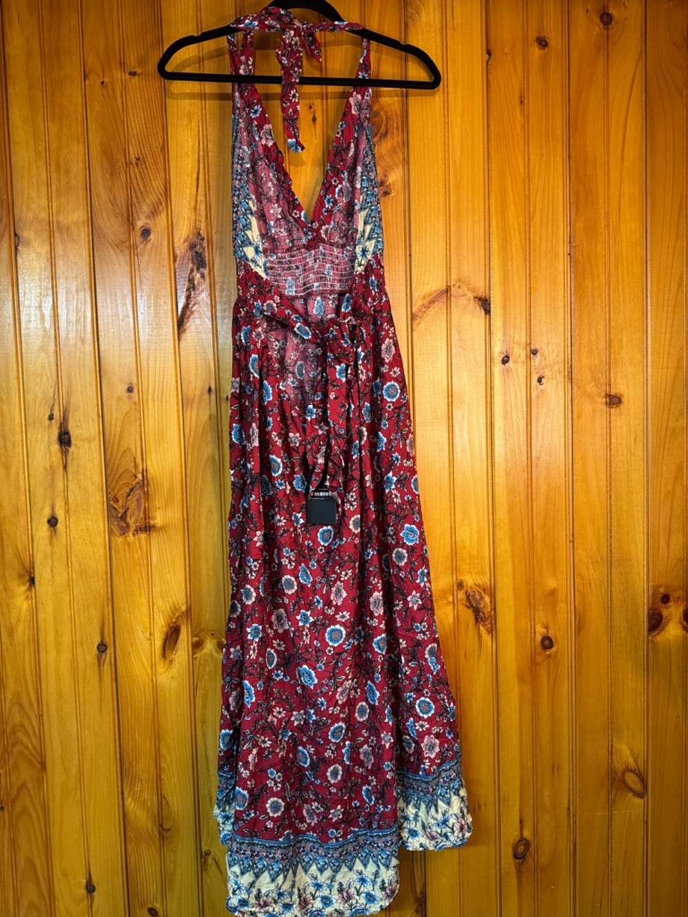 Kohl's Red Floral Halter Maxi Dress with Blue & Cream Border - Picture 6 of 11